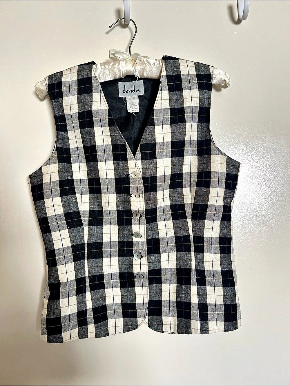 Vintage Women’s Plaid Button Front Vest Blue & White Size Small